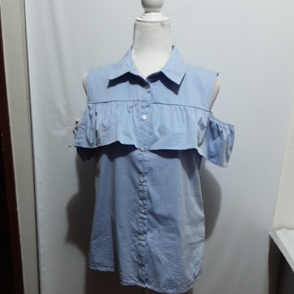 CALVIN‎ KLEIN Light Blue Cold-Shoulder Ruffle Button-Front Top